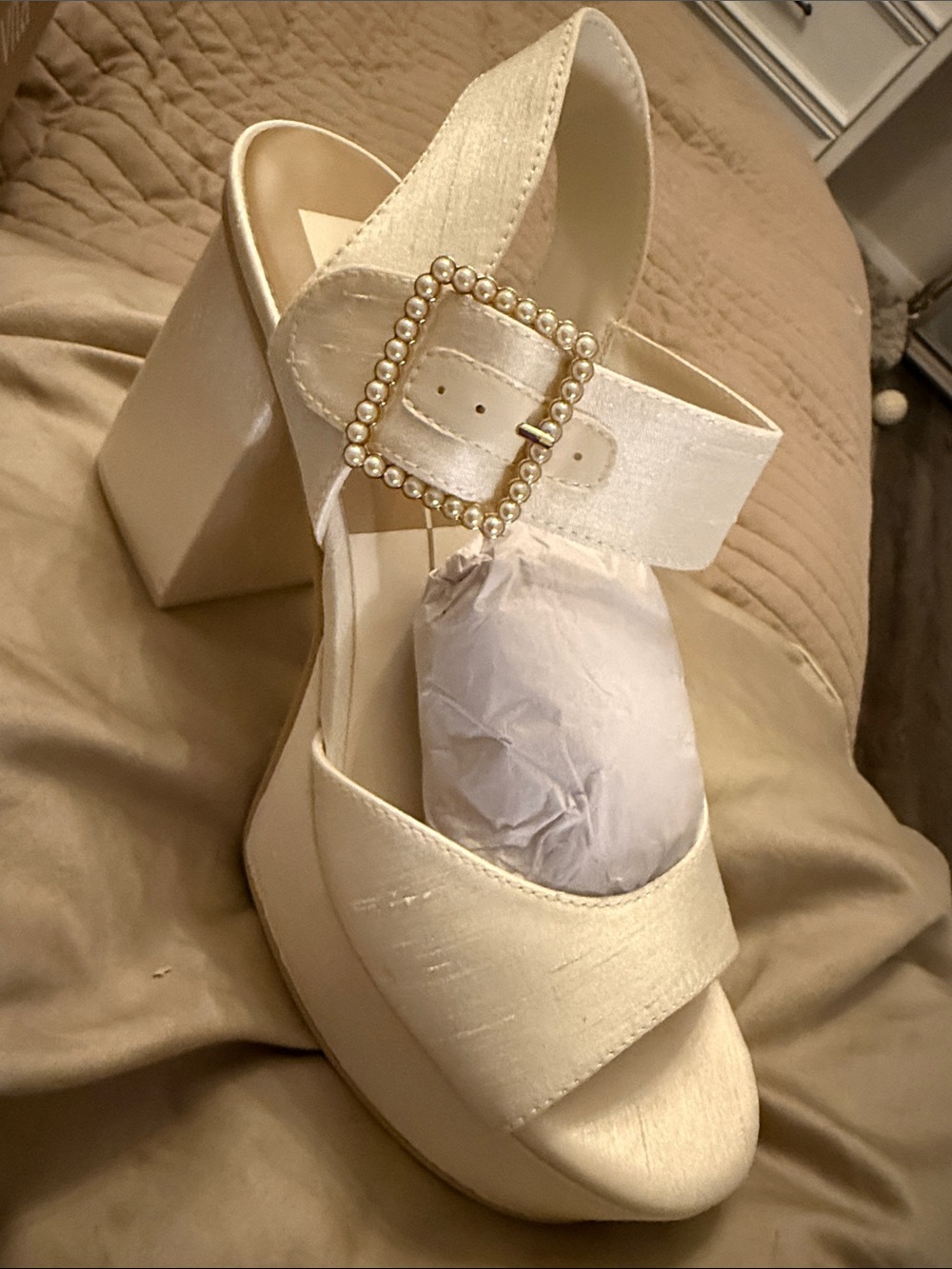 Dolce Vita Cream Pearl-Buckle Platform Sandals